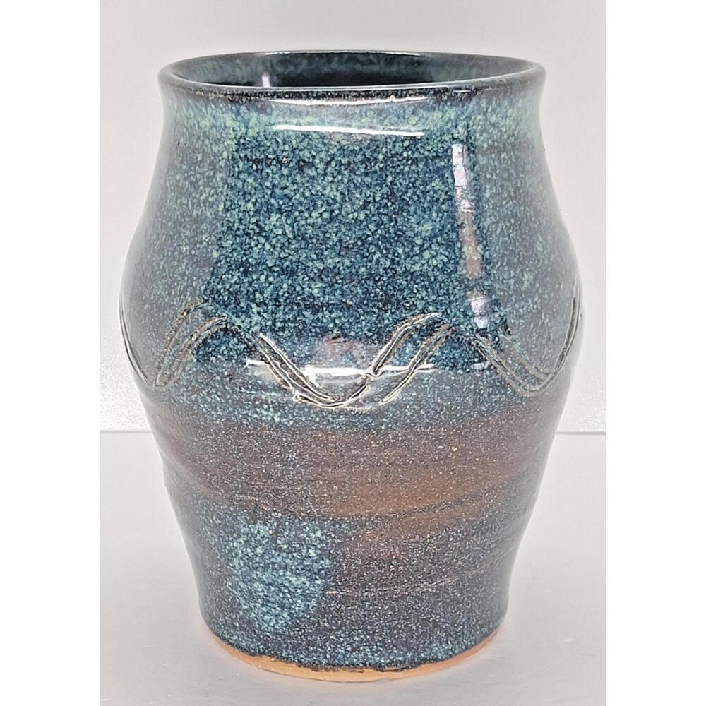 hand-thrown stoneware pottery vase Signed SARAH With A Smiling Sun 5.5 Inch Blue